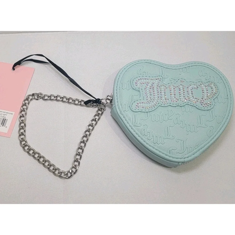 Juicy Couture Heart Zip Around Wristlet Silver Chain Pastel Turquois Rhinestones